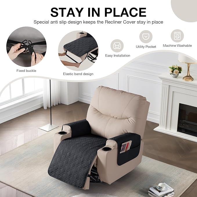 VANSOFY Recliner Chair Covers 100% Waterproof Seat Cover with Arm Reclining Cover Non-Slip Recliner Chair Covers Furniture Protector Washable Slipcover with Pocket for Pets, Dogs(Black, 22")