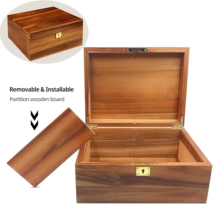 Wood Box Large Decorative Wooden Storage Box with Hinged Lid and Locking Key Premium Acacia Keepsake Chest Box Memory Gift Wooden Boxes 11 X 8.5 X 5 Inches