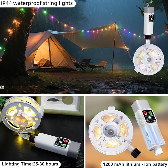 Moobibear Camping String Lights, Quick Storage, 99FT/300LED RGB Rechargeable Tent Lights String with USB 8 Lighting Modes, Hanging Waterproof Portable LED Lamp for for Camping Essentials, Yard, Party