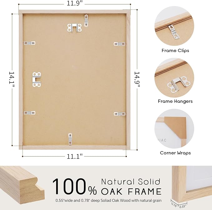 11x14 Oak Wood Picture Frame - Minimalist 11x14 Frame Wood for Wall Art Decor, 11"x14" Natural Solid Wood Poster Frames for Wall Art Photo and Prints(3 Pack, Beige)