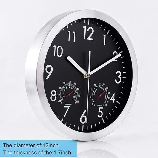 WOOPHEN 12 Inch Silent Non Ticking Wall Clock Sweep Movement Silver Aluminum Frame Glass Cover, for Office, Home, Bathroom, Kitchen, Bedroom, School, Living Room (Black)
