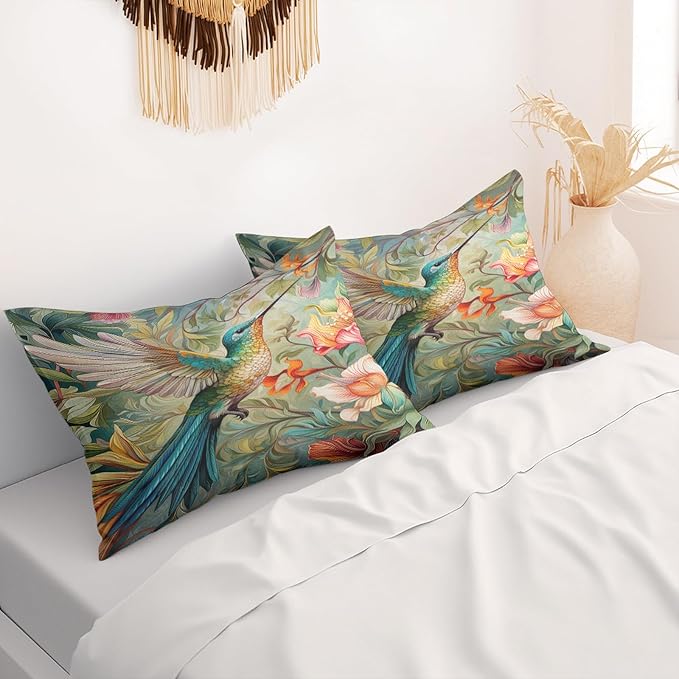 Hummingbird Pillow Protectors with Zipper Standard Size William Morris Pillow Covers Set of 2 Vintage Spring Floral Bird Pillowcases Chinoiserie Rustic Botanical Bed Pillow Covers 30"X20"