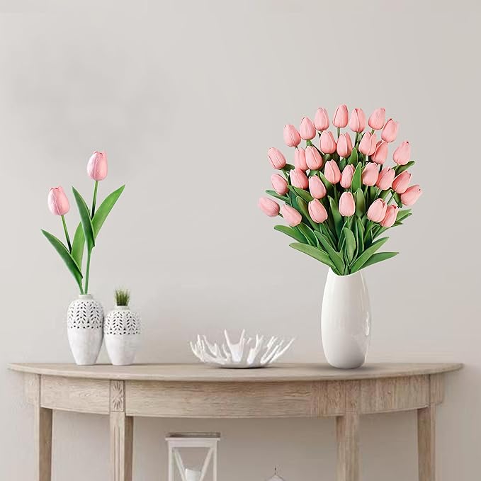 Sggvecsy 30 Pcs Fake Tulips Artificial Flowers Real Touch PU Faux Flowers Tulip Stems for Wedding Spring Bouquet Floral Arrangement Home Party Office Decorations for Mother's Day (Milk Pink)