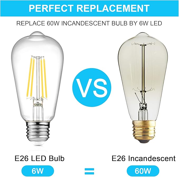 Ascher Vintage LED Edison Bulbs, 6W, Equivalent 60W, Non-Dimmable, High Brightness Cool White 4000K, ST58 Antique LED Filament Bulbs with 80+ CRI, E26 Medium Base, Clear Glass, Pack of 6