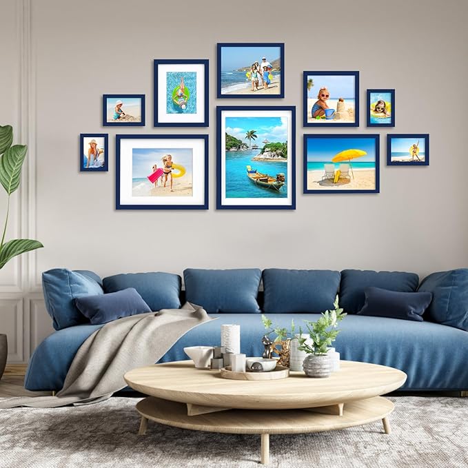 Egofine 8x8 Picture Frame 4PCS, Made of Solid Wood Covered by Plexiglass Display 4x4/6x6 with Mat or 8x8 without Mat, for Table Top Display and Wall Mounting Photo Frame, Navy Blue