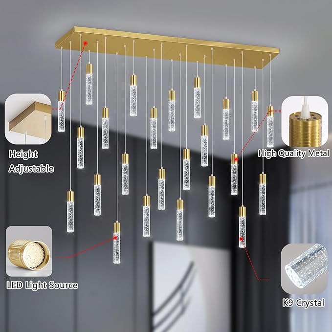 24-Lights Modern Crystal Chandeliers LED Pendant Light for Kitchen Island Dining Room Entrance Foyer Living Room 6000K Gold