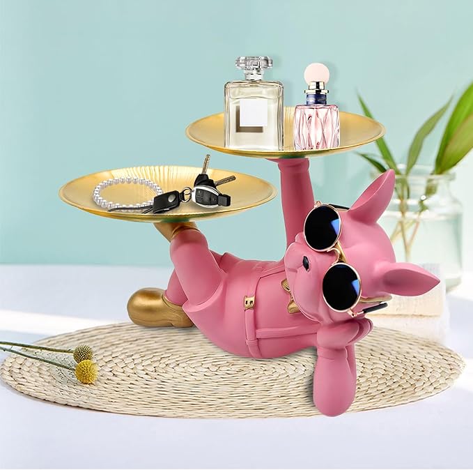 Resin French Bulldog Tray Statue, Lying Bulldog Candy Dish Key Holder Bowl, French Bulldog Accessories, Statues for Office Desk Home Decor Figurines Entryway Table Decor (Pink)