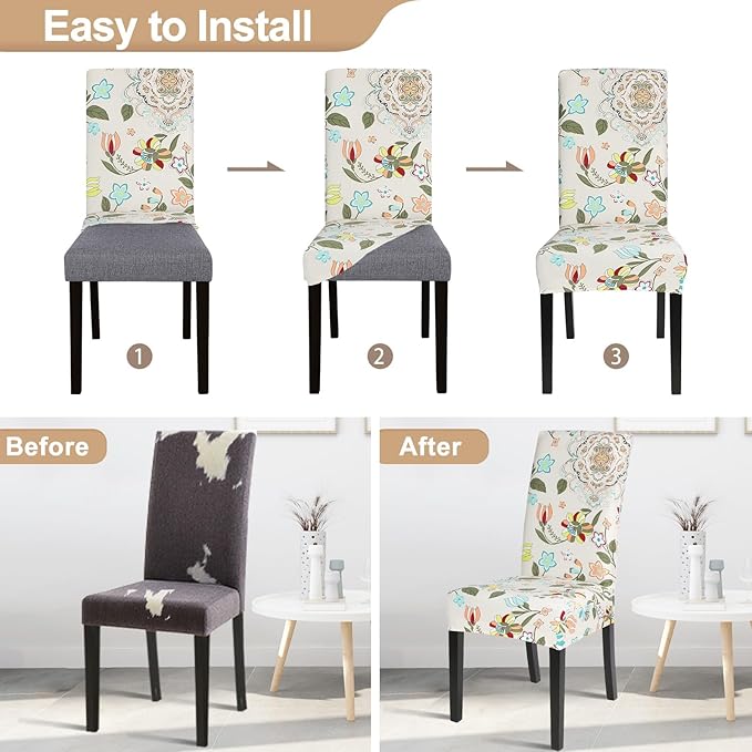SearchI Dining Room Chair Covers Set of 6, Stretch Printed Flower Kitchen Chair Slipcovers Removable Washable Parsons Chair Covers Protector for Dining Room, Hotel, Ceremony (Floral Pattern1)