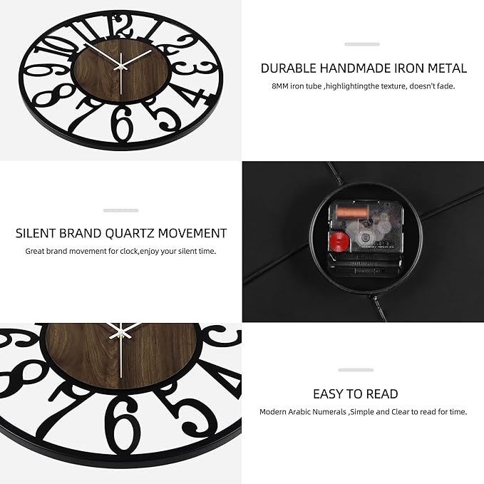 Maxstar Round Wall Clock for Living Room Decor Battery Operated Non Ticking Silent Vintage Black Metal Wood Clocks for Home Living Room Garden Farmhouse Office Kitchen Decoration -20 inch