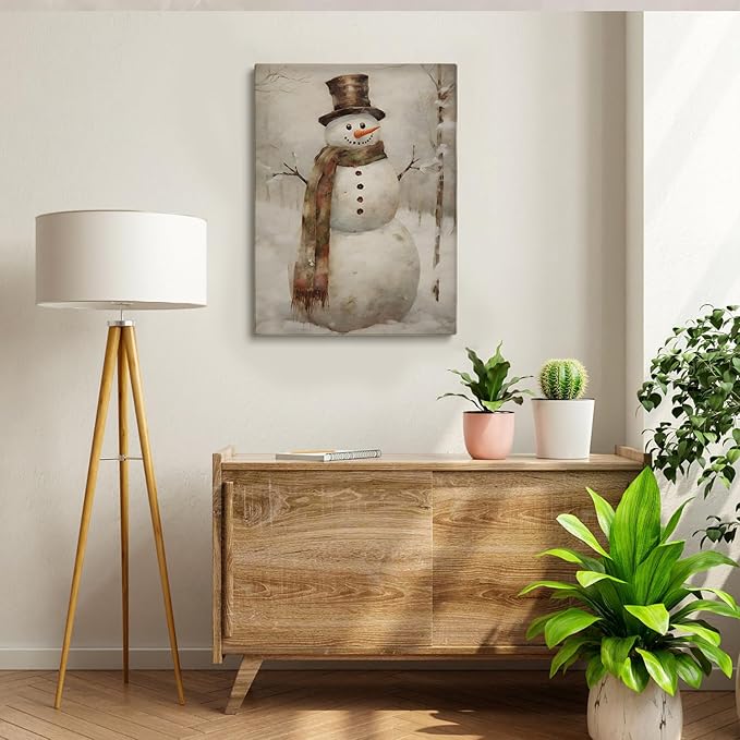 Christmas Snowman Wall Art - Rustic Still Life Painting, Vintage Art Print, Holiday Poster for Living Room Bedroom Decor - 16x24 Inch Unframed