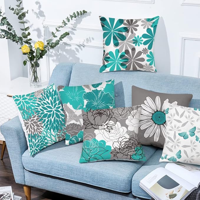 COMMINY Set of 6 Teal Grey Pillow Covers 18x18 Inch Decorative Daisy Dahlias Throw Pillow Cover Farmhouse Rustic Turquoise Pillow Case for Couch Living Room Patio