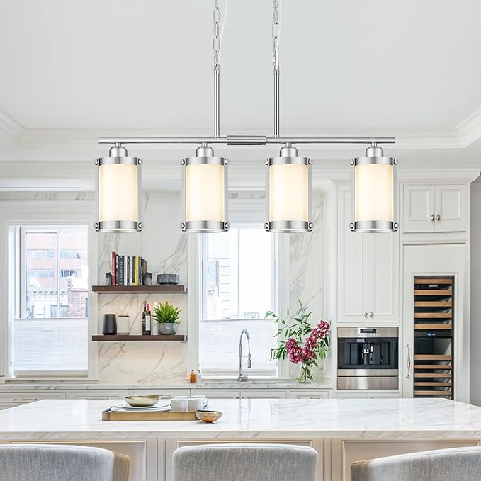 4-Light Kitchen Island Lighting, Brushed Nickel Linear Dining Room Light Fixtures with Frosted Glass, Modern Industrial Chandelier Pendant Light for Kitchen Island Dining Room, OS-3014-4ISBNW