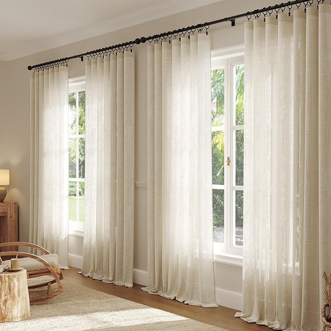 Anmao Natural Linen Curtains for Living Room 90 Inch Length 2 Panels Set, Light Filtering Semi Sheer Window Curtain Drapes for Bedroom with Curtain Rings and Clips, 52 Inch Wide Each Panel, Ecru