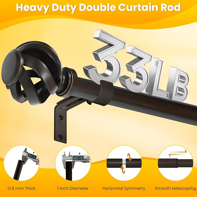Curtain Rod for Windows 28 to 48 inches: 1 inch Diameter Heavy-duty Adjustable Decorative Curtain Rod, Bronze Boho Rustic Drapery Rods with Twisted Cage Finials for Bedroom & Living Room