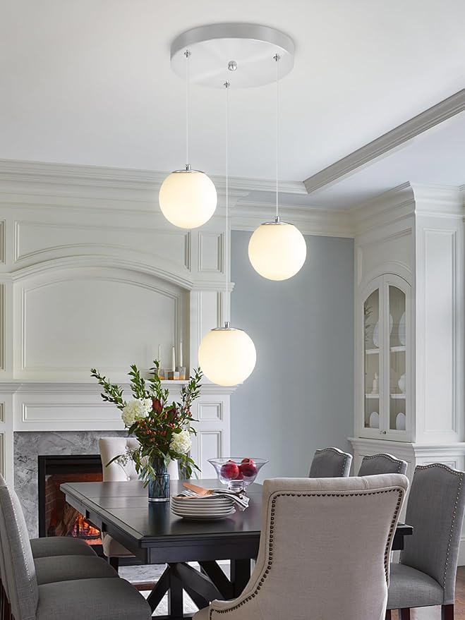 3-Light Globe Pendant Light for Kitchen Island Silver Pendant Light Fixtures with White Glass Globe Hanging Lights for Bedroom,Hallway,Bar