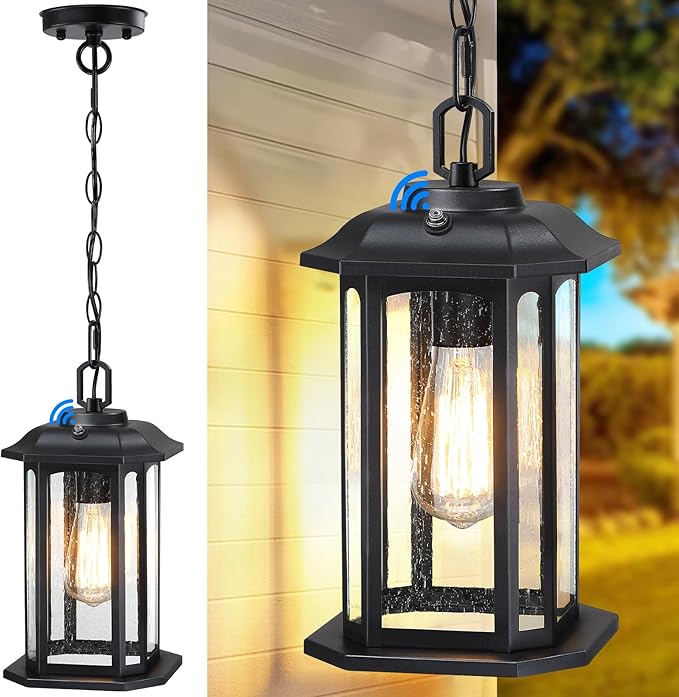 13.4'' Dusk to Dawn Outdoor Pendant Lights for Porch, Black Hanging Porch Light with Seeded Glass, Waterproof Outdoor Chandelier Farmhouse Ceiling Light Fixture Lanterns, 1Pack