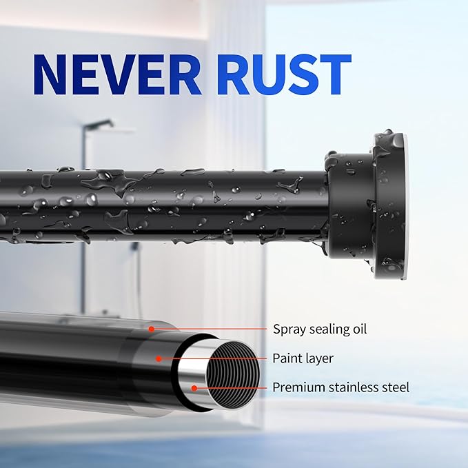 Shower Curtain Rod, 1" Diameter Heavy Duty Tension Shower Rod, Non Slip Adjustable 28-102 inch No Drilling Shower Curtain Rods Spring Tension For Bathroom, Shower Stall, No Rust, Black