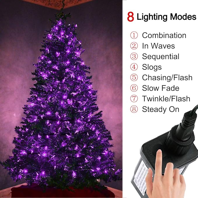 Purple Lights Christmas - 320 LED 35m/115ft 8 Modes End-to-End Plug in Indoor/Outdoor Waterproof Decorative Inside/Outside Fairy Twinkle Xmas Tree String Lights for Halloween/Wedding/Patio/Room/Home