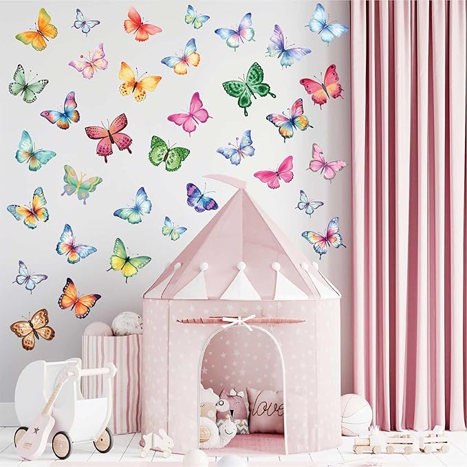 Large Butterfly Wall Decals 8 Sheets 62PCS Watercolor Wall Stickers Removable Peel & Stick for Kids Room Nursery Wall Art Girls Room Bedroom Décor