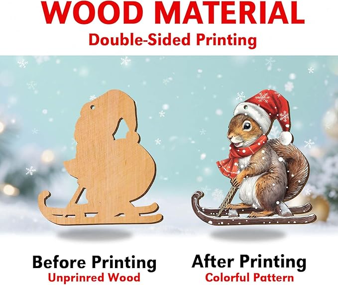 Snowboarding Squirrel Christmas Tree Keepsake Ornaments, Funny Squirrels Themed 2 Side Printed Flat Wooden Ornament, Xmas Hanging Decor