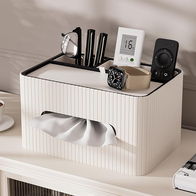 KINGFOM Leather Tissue Box Cover with Storage Tray, Decorative Tissue Box Holder Organizer for Office Desk, Bedroom & Nightstand, Remote Control Holder for Perfume, Watch, Glasses, Pens (Ivory White)