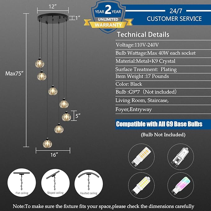Crystal Chandeliers for Staircases, 7-Light Black Modern Chandeliers for High Ceilings，Crystal Pendant Light Fixture for Living Room Kitchen Island Foyer Hallway Bar