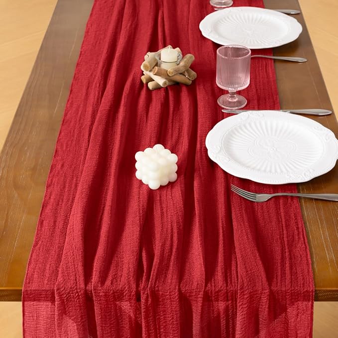 Socomi Red Cheesecloth Table Runner Valentine's Day Gauze 120 Inch Rustic Boho Cheese Cloth Runner for Wedding Party Baby Bridal Shower Centerpiece Decoration Holiday Home Decorations