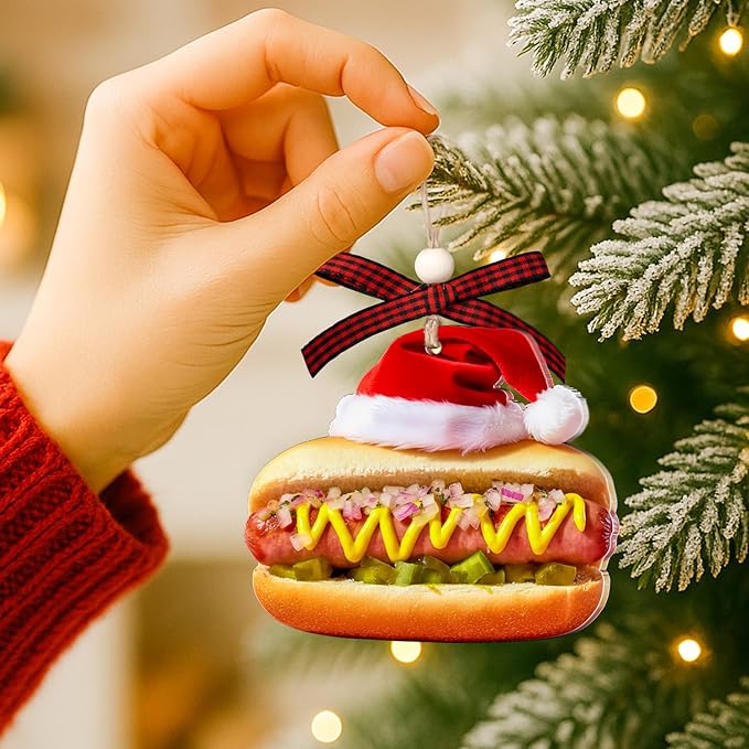 Hot Dog Christmas Ornaments - Funny Food Ornaments for Christmas Tree - Food Decorations Gifts for Lovers & Friends, Women, Men - Hanging Acrylic Ornament