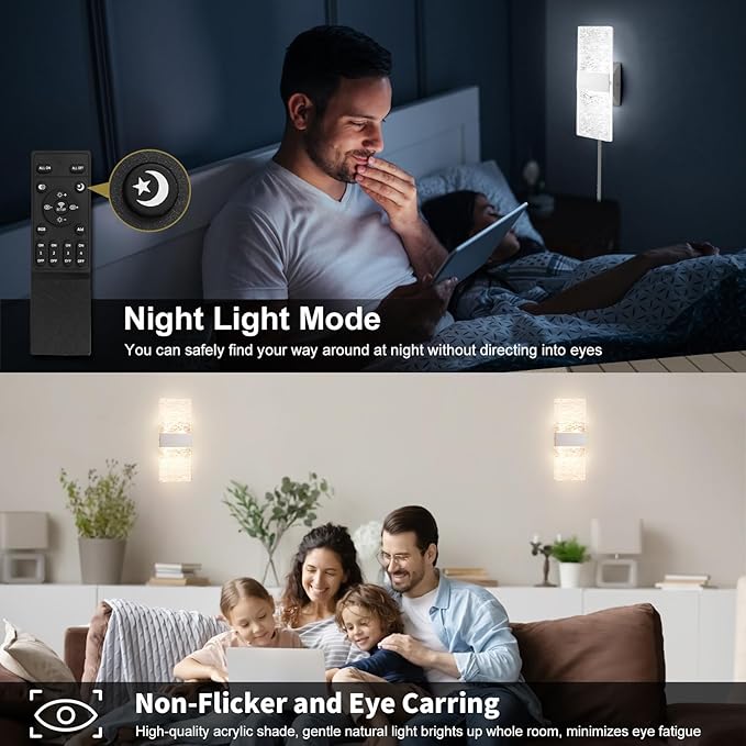 Plug in Wall Sconces with Adjustable 3000K-6500K Colors & 10%-100% Brightness, Sconces Wall Decor Set of 2 with Remote Control, 12W Acrylic LED Plug in Wall Light (1 Pack, Corrugated Finish)