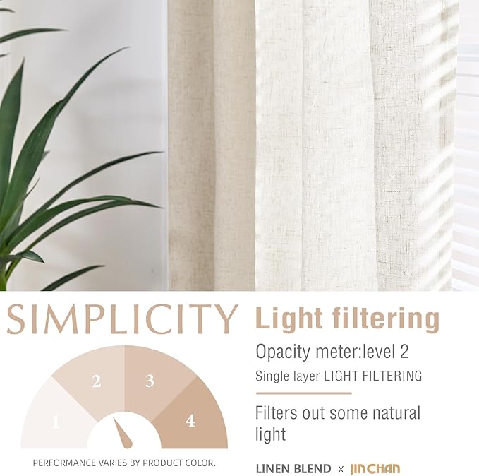 jinchan Short Linen Curtains 63 Inch Length 2 Panels Set Window Curtains for Living Room Bedroom Light Filtering Farmhouse Drapes Aesthetic Decor Kitchen Drapes, Back Tab, Linen Natural, 50W x 63L
