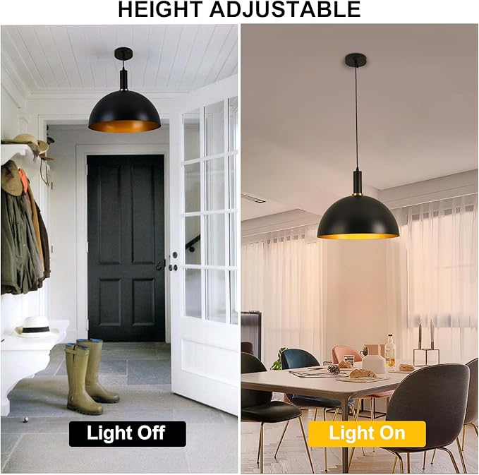 16" Black Pendant Lights Kitchen Island, Black and Gold Dome Pendant Lights, Modern Farmhouse Adjustable Large Industrial Metal Hanging Pendant Lighting for Kitchen Island, Dining Room, Cafe, Bar