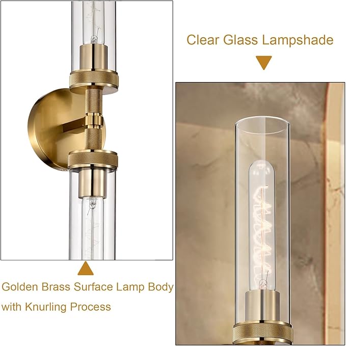 LaLuLa 2-Light Bathroom Vanity Light,Knurled Texture Linear Gold Wall Sconces,Clear Glass Tube Vanity Lighting Fixtures,Modern Wall Mounted Light,Indoor Wall Lights for Living Room,Bedroom,Hallway