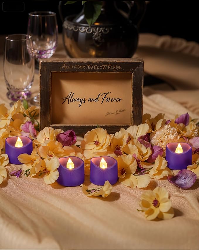 Homemory Purple Tea Lights Candles Battery Operated, 200+Hour Flameless Flickering Fake Electric LED Colored Tealights Candles for Party, Wedding, Halloween, Mardi Gras, Holiday Decor, 12-Pack