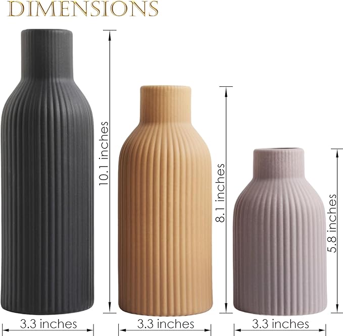 Ceramic Vase Set of 3 - Handcrafted Ceramic Vases for Home Decor & Shelf - Modern Farmhouse Decor for Kitchen, Office, Bedroom & Living Room Decorative Objects for Mantel, Table Centerpieces