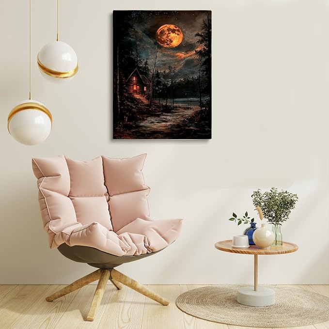 Farmhouse Starry Skies Wall Art,Serene Moonlit Cabin Painting Print,Forest and Stars Art,Towering Pines Poster,Forest Landscapes Painting,Rustic Wooden Hut Decor12x16inch Unframed