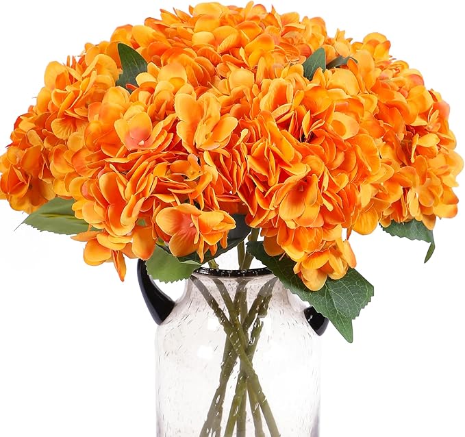 Kimura's Cabin 6pcs Artificial Silk Hydrangea Flowers with Stems Fake Hydrangea Bouquet for Home Table Centerpieces Wedding Party Halloween Decoration (Orange Yellow)