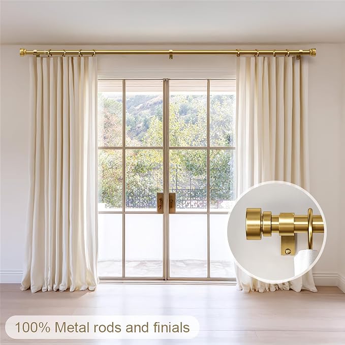 2 Pack Gold Curtain Rods Set for Windows 48 to 84 Heavy Duty 1" Diameter Adjustable Window Single Rods with Solid Metal Finials for Bedroom Living Room Kitchen Farmhouse