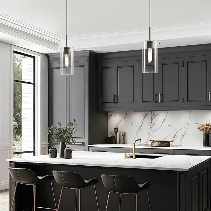 Modern Black Glass Pendant Light: Seeded Clear Glass Pendant Light over Kitchen Island - Minimalist Brass Hanging Lights with Short Tube - Height Adjustable Pendants Lighting Fixture for Dining Room