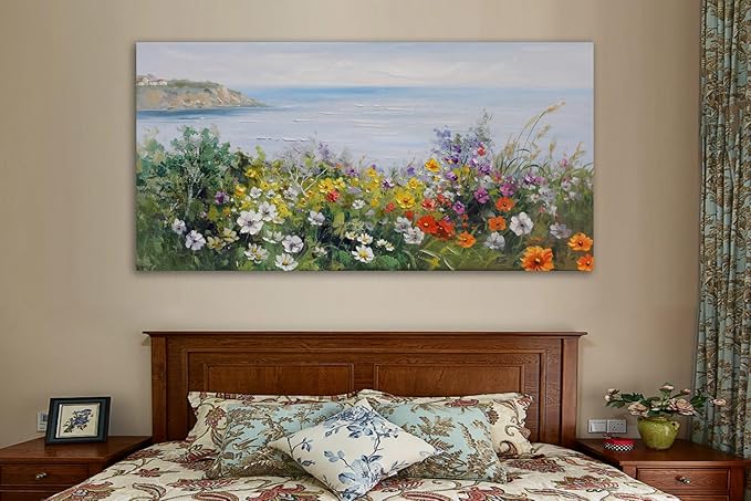 Acocifi Coastal Floral Wall Art Canvas Nature Flower Landscape Seascape Painting Colorful Wildflowers Picture, Large Textured Artwork for Living Room Bedroom Bathroom Kitchen Office Home Decor 40"x20"