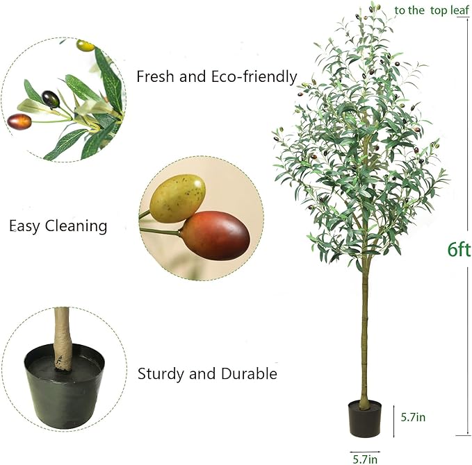 Olive Trees Artificial Indoor 6ft - Fake Olive Tree for Home Office Decor, Realistic Silk Leaves with Resin Trunk, Indoor Potted Faux Tree for Living Room, Hotel, Lobby, Large Plants Indoor Outdoor.