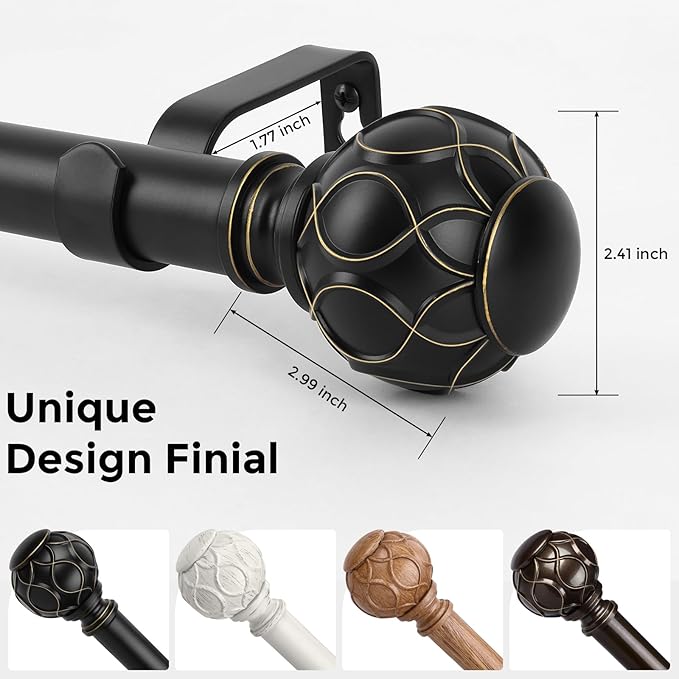 Long Black Curtain Rod, Heavy Duty 1 Inch Decorative Curtain Rods for Windows 72 to 144 Inch, Single-Side Adjustable Vintage Rustic Matte Black Drapery Pole with Boho Netted Texture Finials
