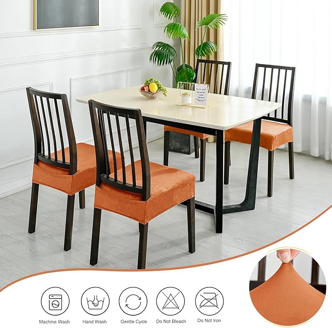 Dining Chair Seat Covers Set of 4, Stretch Velvet Chair Seat Slipcovers Protector, Removable Washable Kitchen Chair Covers for Dining Room Chairs (Set of 4, Orange)