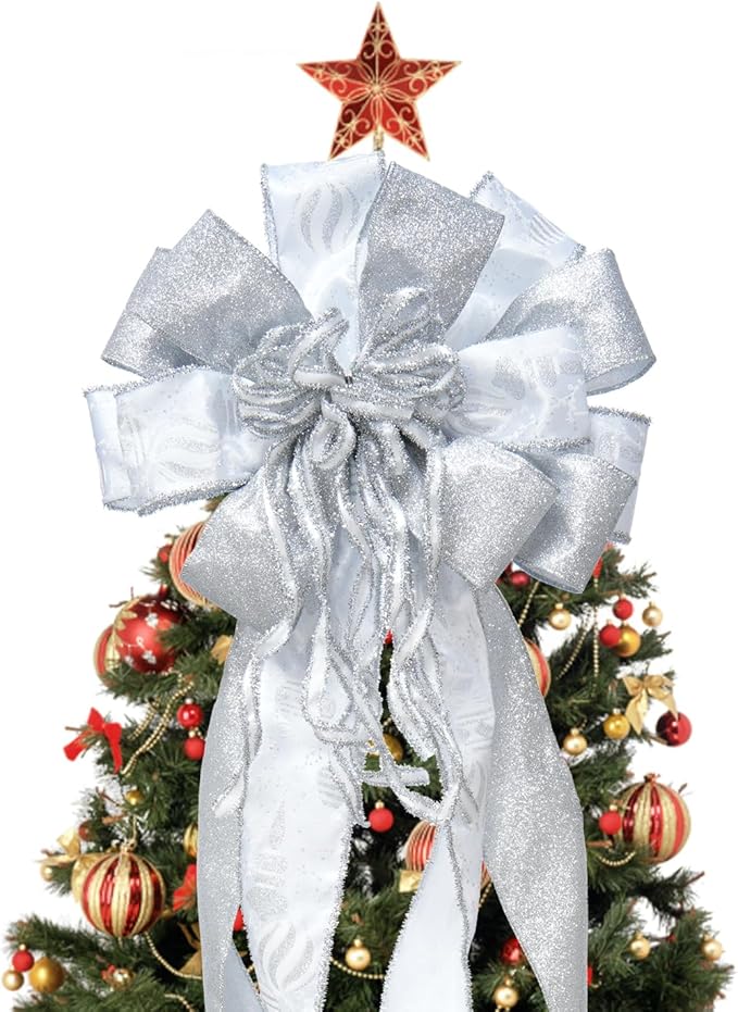 Christmas Tree Topper Bow, 43" Christmas Wreath Bows Silver and White Ribbon Ornaments with Tassels Snowflakes and Glitter, Home Decor for Holiday Xmas Decoration Home Parties Wedding Gift