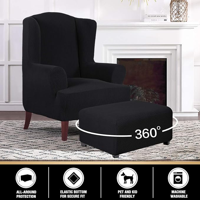 PrinceDeco Stretch Ottoman Cover Ottoman Slipcovers Rectangle for Living Room Foot Stool Stretch Covers to Fit Ottoman Foot Rest, Thick Checked Jacquard Fabric with Elastic Bottom (Large Size, Black)