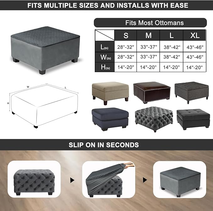 NeColorLife Waterproof Square Ottoman Cover,Thick Stretch Velvet Slipcover for Footstool,Non-Slip Soft Furniture Protector for Pets and Dogs,Dark Gray,Medium