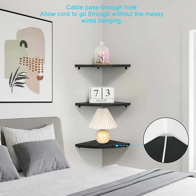 Joiishom Corner Wall Shelf Set of 3, Floating Corner Shelves, Rustic Wood Wall Storage Display Shelves for Living Room Bedroom Bathroom Kitchen (Round Edge-Black)