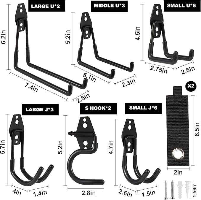 Garage Hook Heavy Duty Wall Storage Hangers, 24 Pack Garage Storage Hooks Steel Tool Black for Ladders, Ropes, Garden Tools
