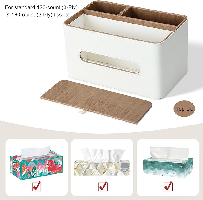PU Leather Tissue Box Cover Rectangular with Storage Organizer, Multifunctional Remote Control Holder, Desk Organizer for Living Room, Bedroom, Office, Decorative Tissue Holder with Compartments Beige