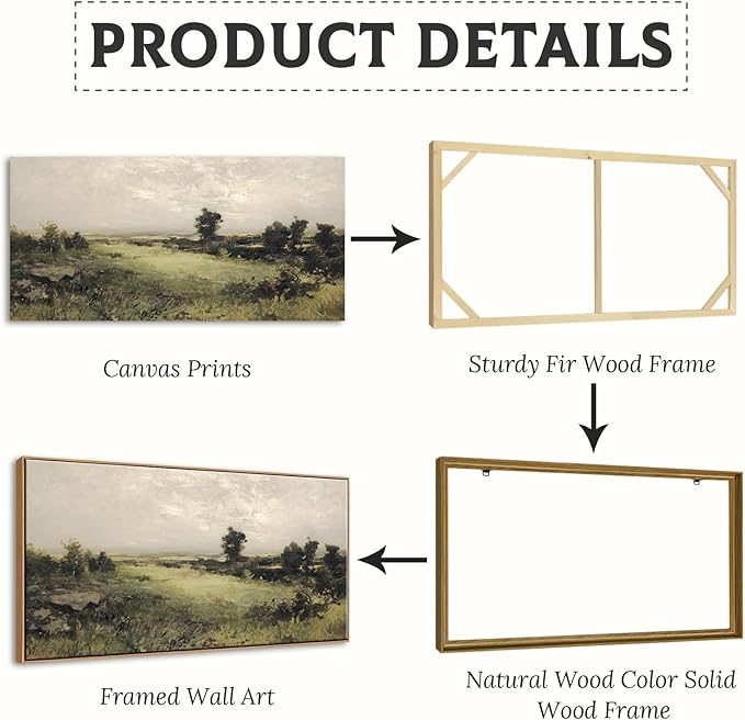 BLINFEIRU Framed Canvas Wall Art Decoration, Vintage Nature Landscape Painting Prints, Countryside Farmhouse Wildflower Field Artwork, Rustic Scenery Picture, Home Living Room Bedroom Decor 20"x40"