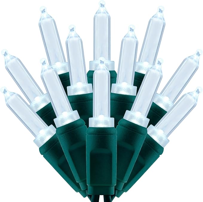 100 Cool White One-Piece LED Christmas Lights, 33 ft Green Cord High Waterproof UL Certified T5 Outdoor String Lights (Cool White)